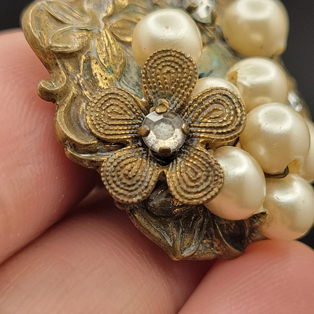 Vintage Art Nouveau Brass Faux Cluster Pearl Sterling Clip-On Earrings *AS-IS* - Picture 9 of 15